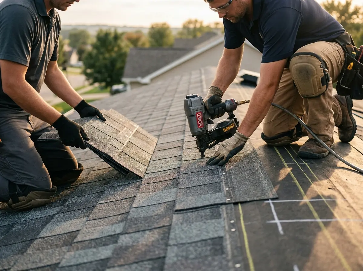 Professional roofer working on a residential roof in Hamburg